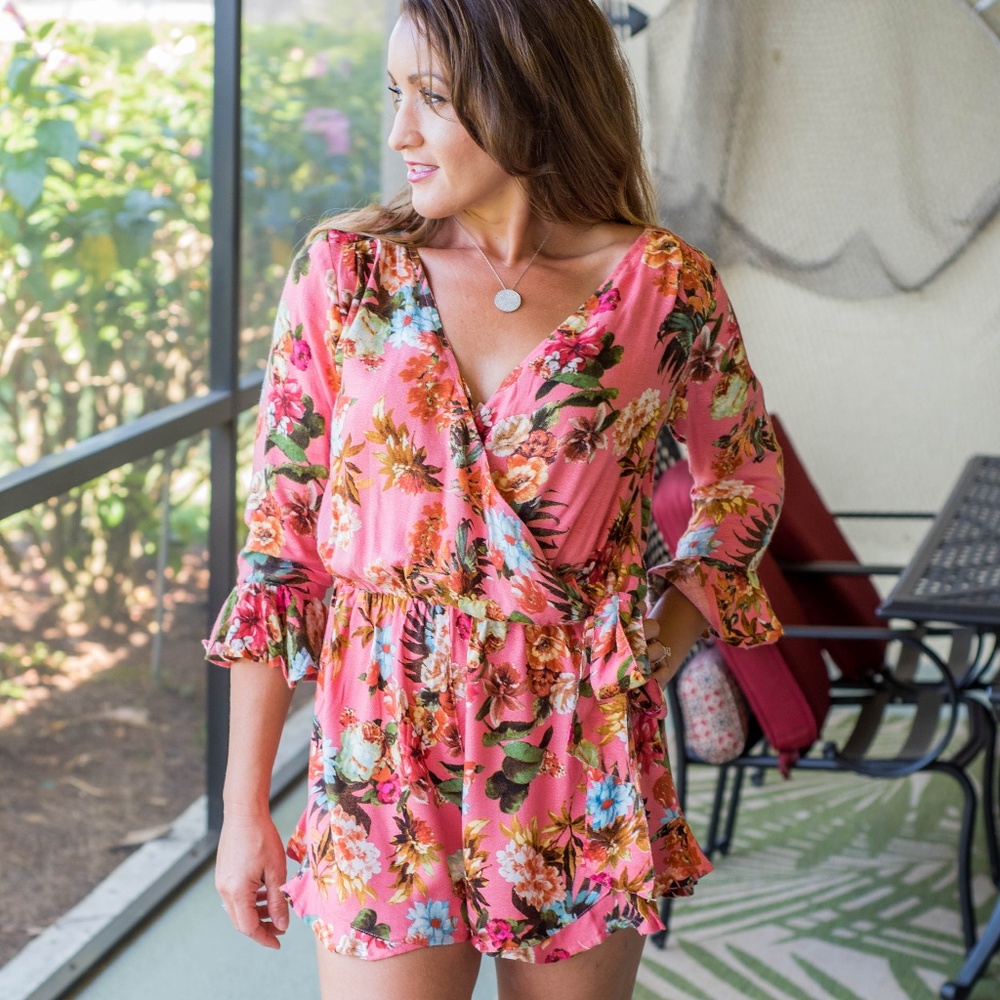 Fabulously Floral Pink Ruffle Trim Romper